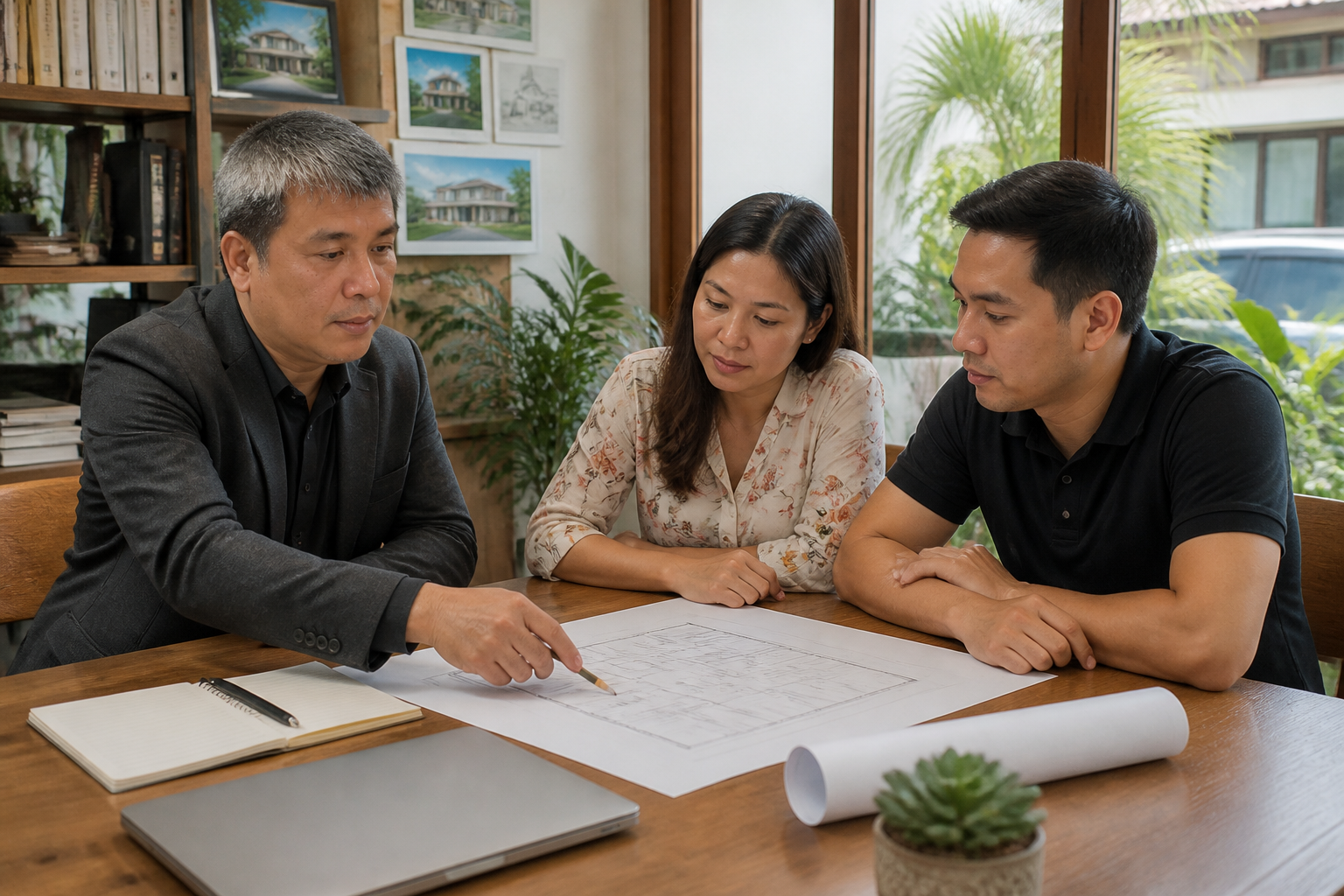 Architect reviewing house plans with a Filipino couple at a studio table
