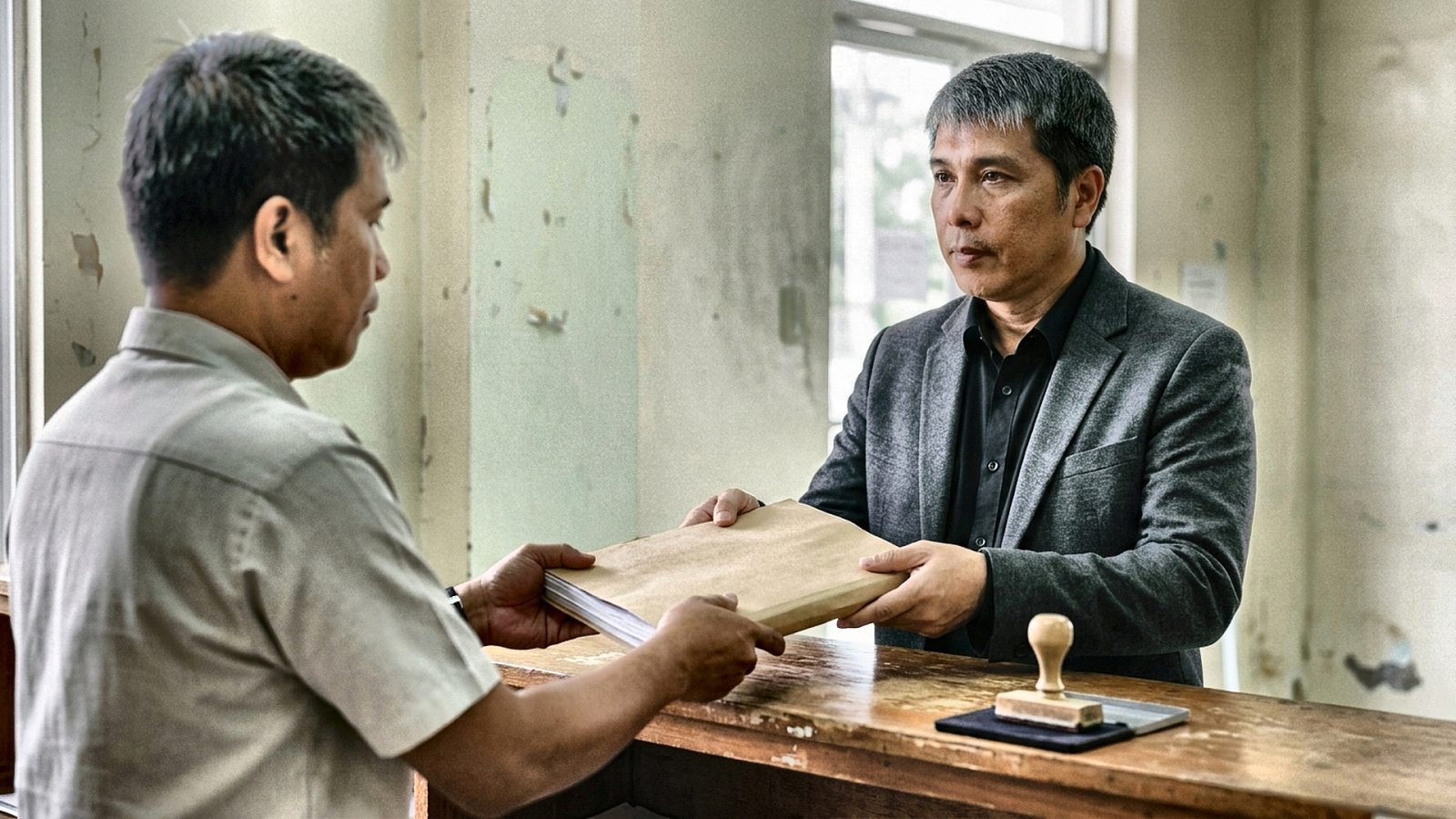 An architect hands a folder of plans across a counter at a permit office.