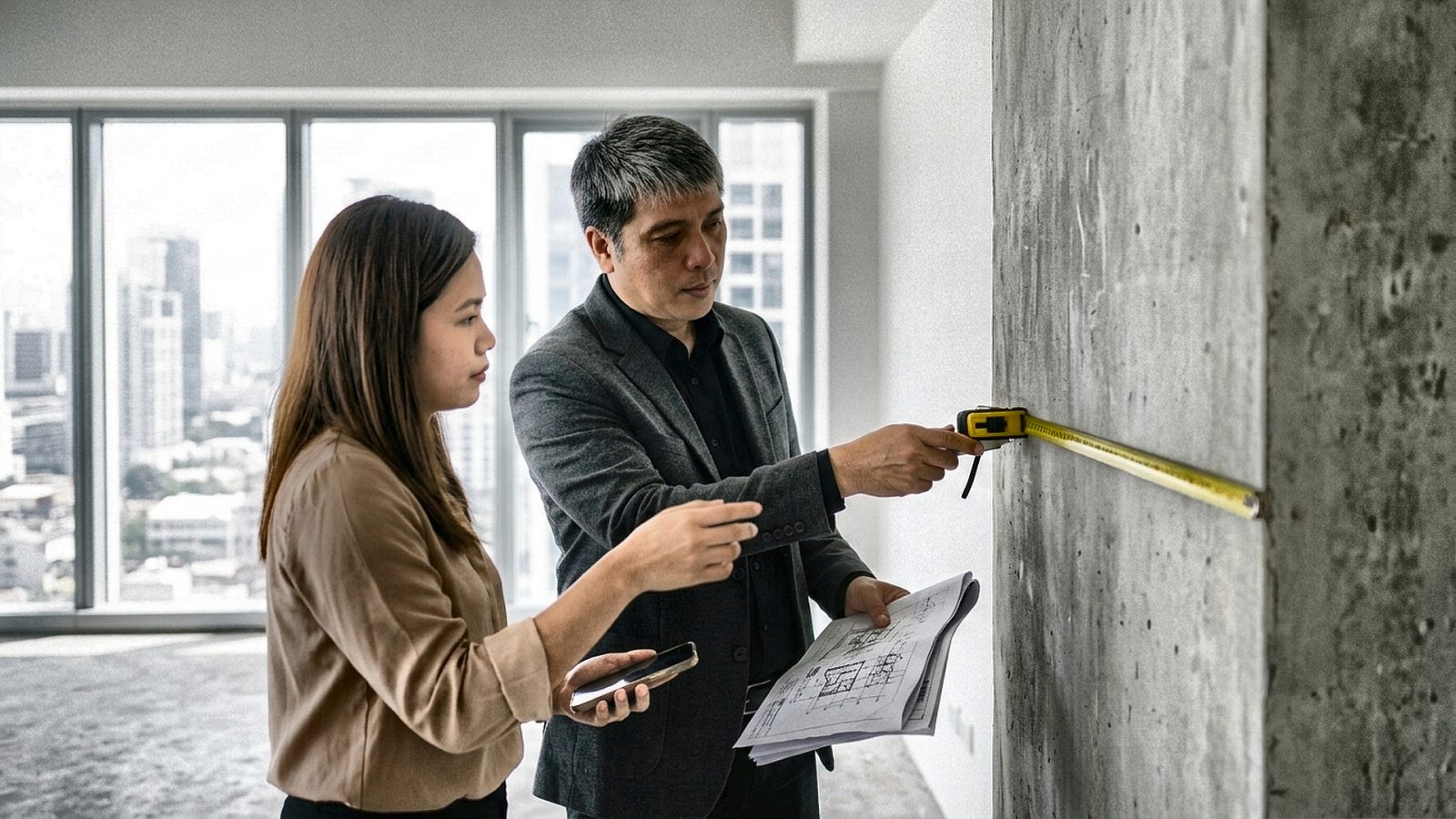 An architect and a woman measure a bare concrete wall in an empty condo unit with a city view.
