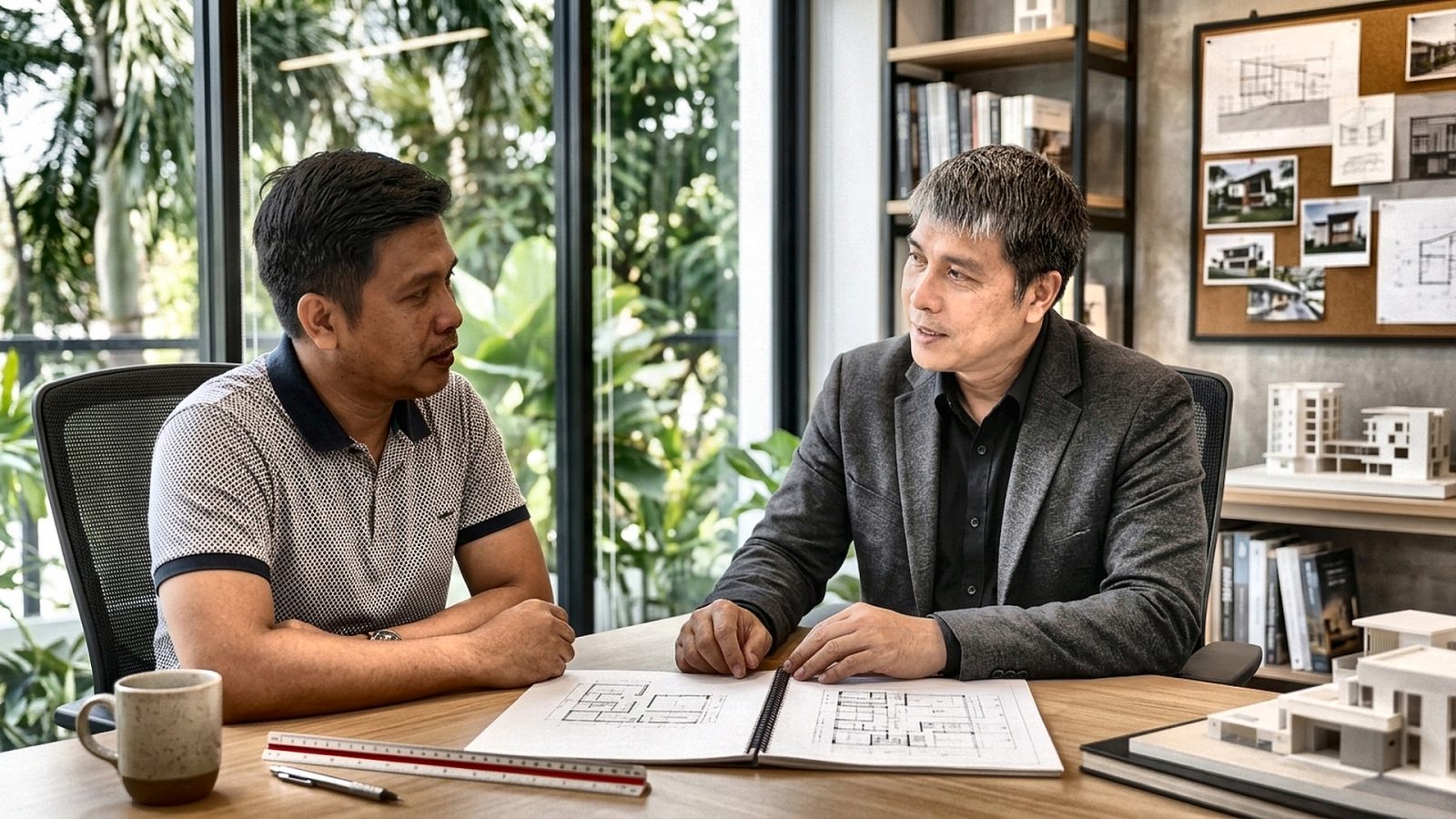 An architect and a client discuss floor plans at a table in a bright studio with a garden view.