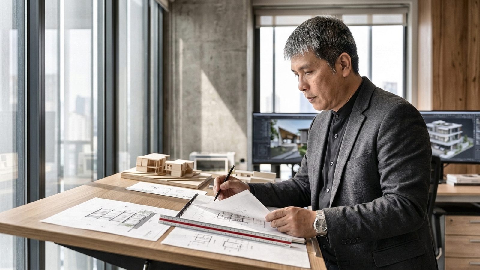 An architect in a dark blazer studies floor plans at a wooden drafting table beside a window, with a small wooden house model and render screens behind him.