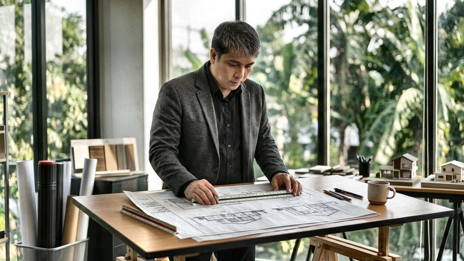 An architect stands at a drafting table and reviews a set of plans in his studio.