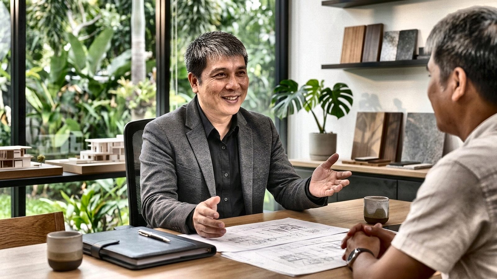 An architect smiles and explains a set of plans to a client across a table in his studio.