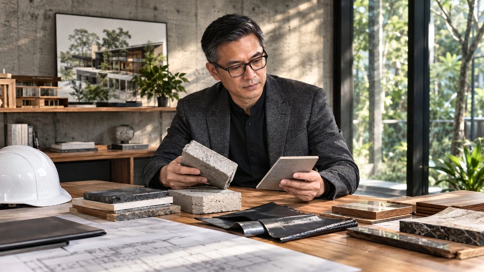 Architect in glasses and a charcoal blazer examining concrete, tile and wood samples on a studio table with plans, in a bright studio with a leafy window view.